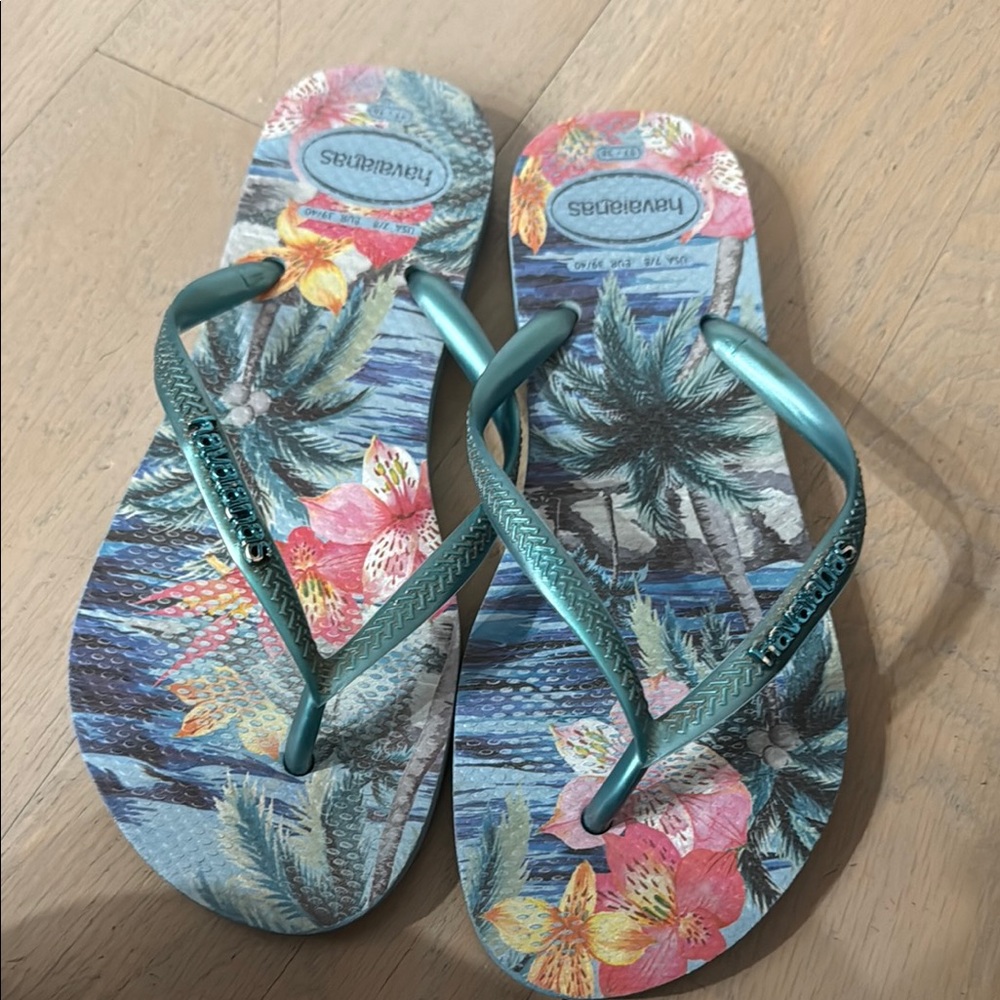 Tropical Print Flip Flops with Teal Straps